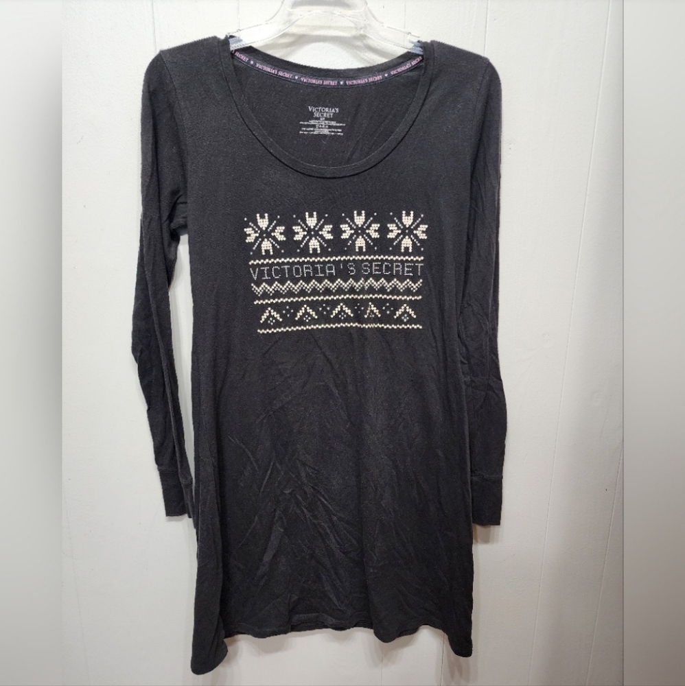 Victoria's‎ Secret Nightgown Small Black Pajamas Snowflakes Long Sleeve C85